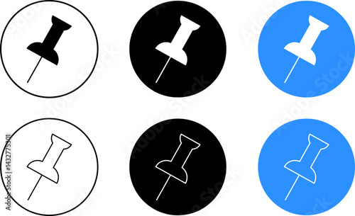push pin icon set. stationery office supplies. paper notice
