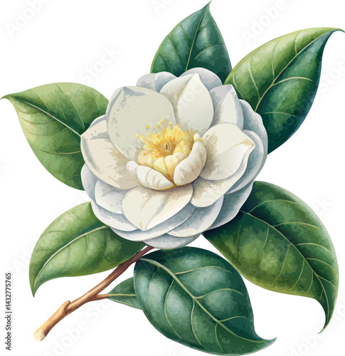 Japanese camellia white realistic classic watercolor style botanical vector illustration