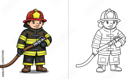 Courageous Protector: A fire fighter standing ready in his gear. This illustration embodies bravery and dedication, perfect for safety-related educational materials.
