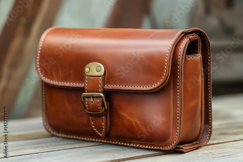 Well-crafted, light brown leather crossbody bag. photo