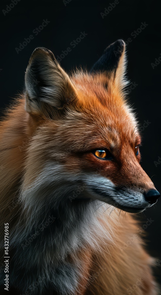 Fototapeta premium Fox Portrait with Intense Gaze Against Dark Background Nature Focus