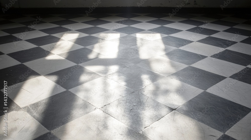 Fototapeta premium A checkered floor with a sunlit pattern.