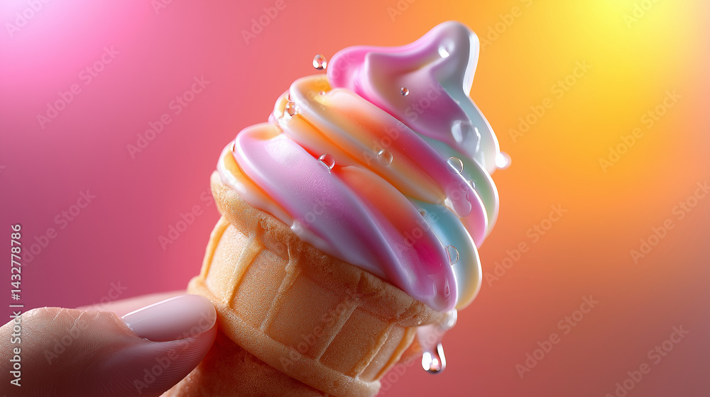 Bunte Eiscreme im Waffelbecher mit tropfendem Wasser vor pastellfarbenem Hintergrund