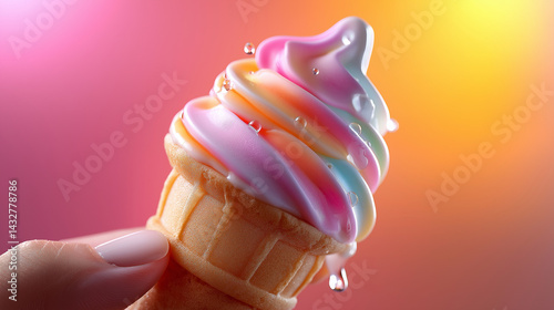 Obraz na płótnie Bunte Eiscreme im Waffelbecher mit tropfendem Wasser vor pastellfarbenem Hintergrund w salonie