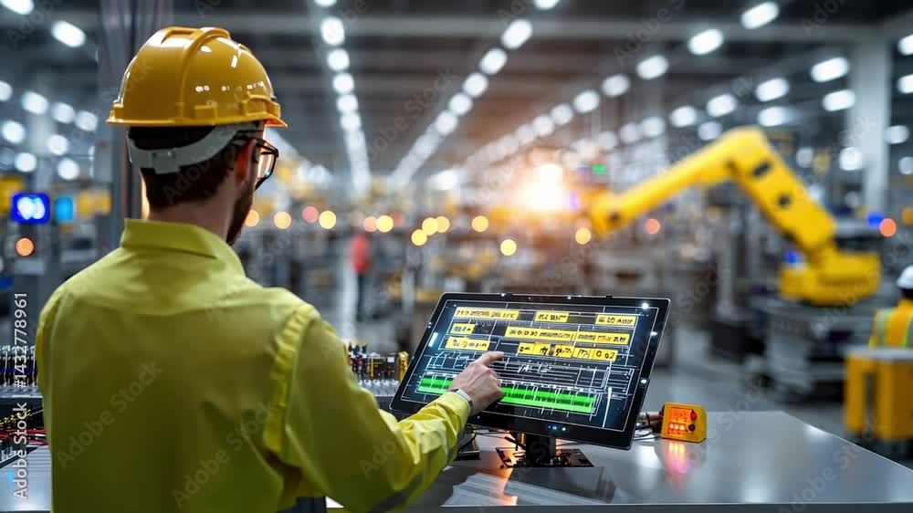 A Business Executive In A Factory Control Room Analyzing AI-Generated Production Reports. A Business Executive In A Factory Control Room Analyzing AI-Generated Production Reports.