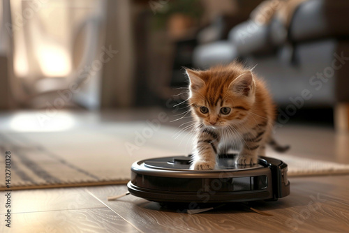 A cute tabby kitten stands on a robotic vacuum cleaner, representing the amusing and curious relationship between pets and smart home technology.