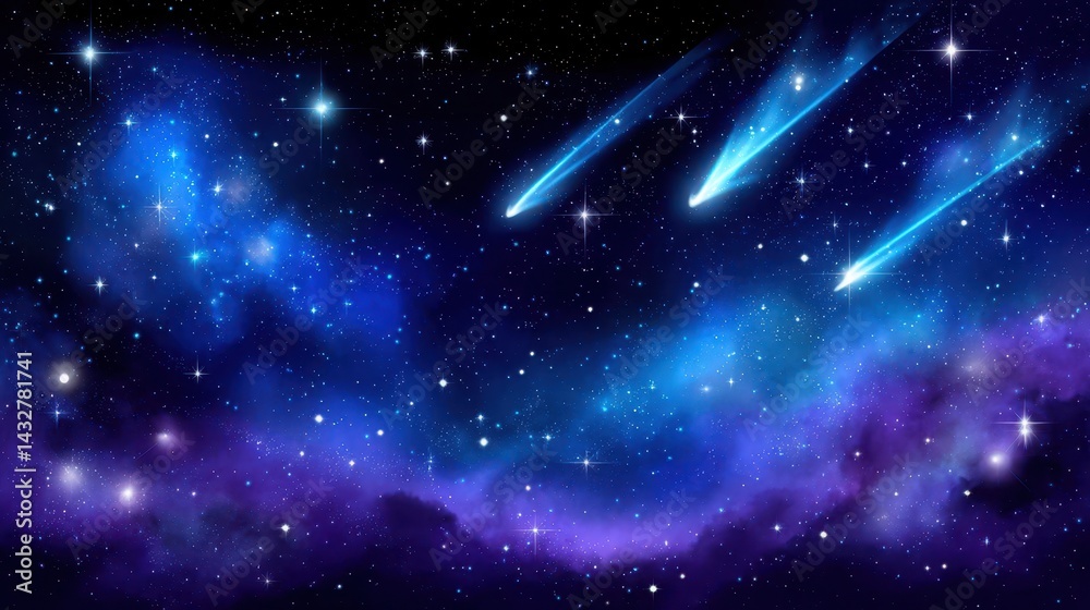 Fototapeta premium A stunning cosmic scene featuring vibrant blue and purple colors, with shooting stars traversing a starry night sky.