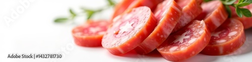 Close-up of sliced smoked sausage on a pristine white background, meat, sliced