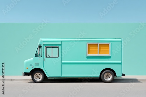 Brightly colored food truck stands against vibrant backdrop, inv
