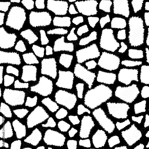 Seamless animalistic giraffe skin pattern. Fashionable black and white fluffy background. Hand drawn animal texture for print, textile, fabric, packaging.