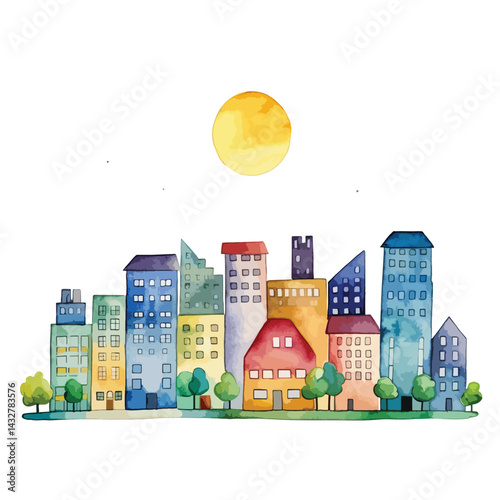city skyline with solar panels cute watercolors illustration on white background
