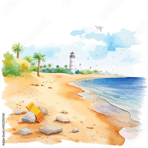 clean beach with no litter cute watercolors illustration on white background