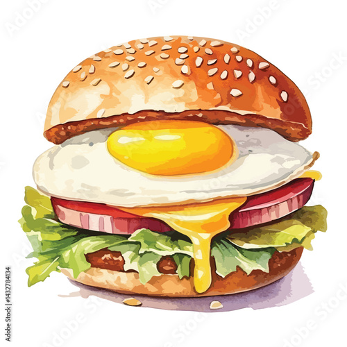 close up of a hamburger with caramelize cute watercolors illustration on white background
