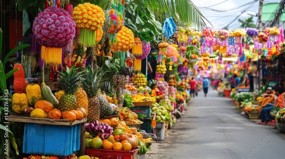 Fototapeta premium Vibrant street market overflowing with colorful fruits and decorations