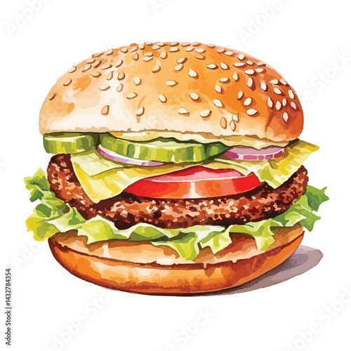 close up of a hamburger with caramelize cute watercolors illustration on white background