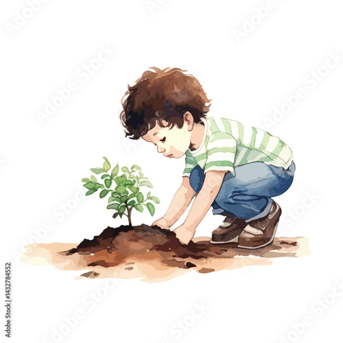 close up of a hand planting a seedling cute watercolors illustration on white background