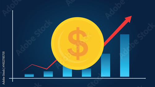 Inflation crisis, global economic recession chart, dollar coin, bar graph, blue color background, Stock market interest rate change
