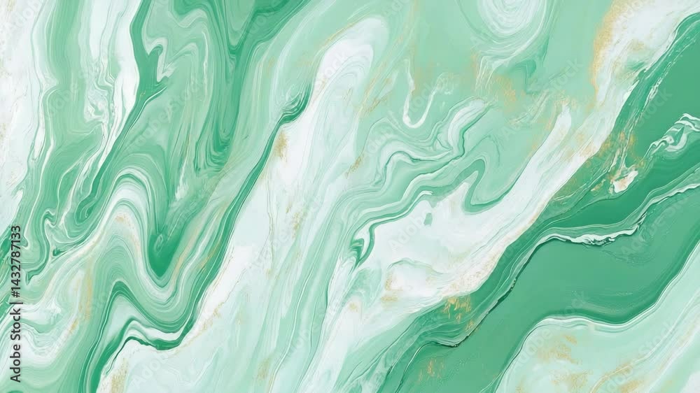 Elegant fluid abstract texture with swirls and marbling effect in shades of green, white, and gold for modern design.