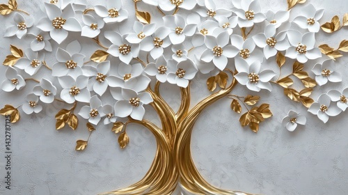 Fototapeta Naklejka Na Ścianę i Meble -  White gold floral tree wall art, home decor