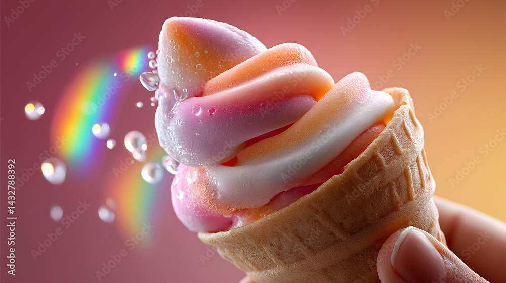 Bunte Eiscreme im Waffelbecher mit tropfendem Wasser vor pastellfarbenem Hintergrund