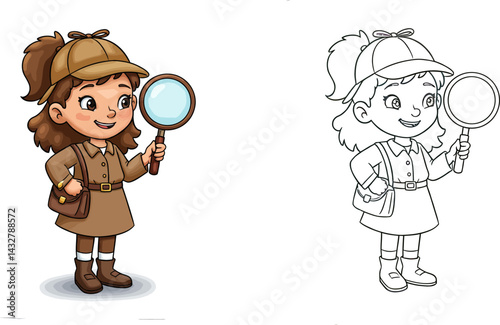 Junior Detective: A cartoon illustration of a young girl, dressed as a detective, holding a magnifying glass, sparking curiosity and adventure. 