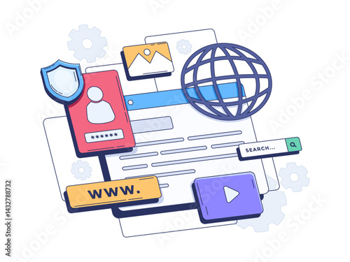 illustration representing internet and browsing concepts by featuring a globe, shield icon, password entry field, website elements, and media content. 