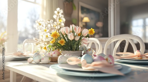 Wallpaper Mural Easter table setting with pastel colors fresh flowers eggs Torontodigital.ca