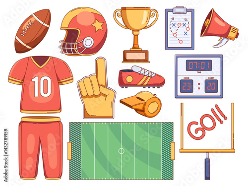 illustration a collection of American football elements and equipment. 
Features a detailed football, a helmet, golden trophy, a clipboard with a tactic strategy, megaphone, jersey,  referee’s whistle