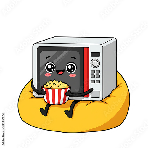 Cartoon microwave character enjoying popcorn on a bean bag  
