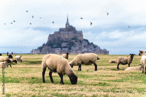 Obraz na płótnie Grazing sheep dot a vibrant pasture beneath a cloudy sky, with Mont-Saint-Michel rising like a fairytale fortress in the background. w salonie