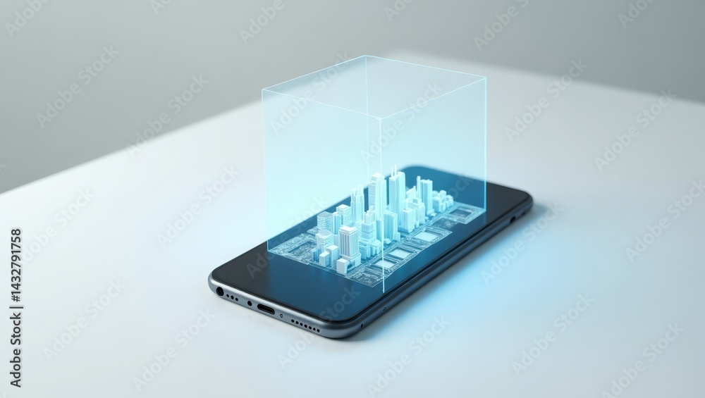 Smartphone projecting AR hologram on white background, clean flat lay concept of augmented reality in modern everyday technology Smartphone projecting AR hologram on white background, clean flat lay concept of augmented reality in modern everyday technology