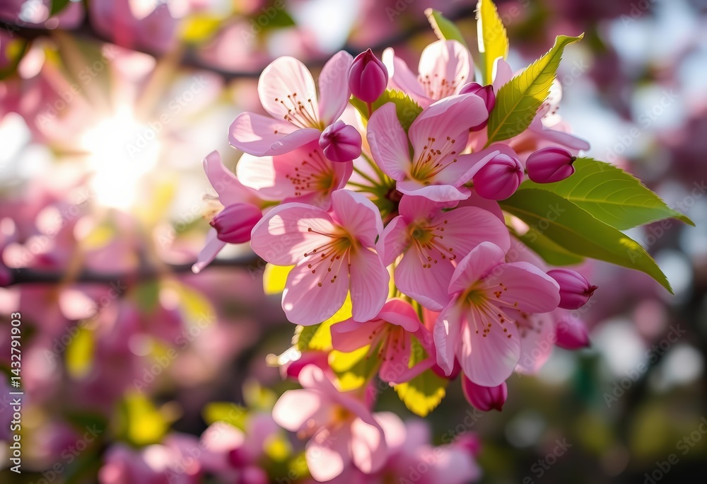 Fototapeta premium Close-up of vibrant spring blossoms on a branch, sunlight filtering through leaves, Easter, nature