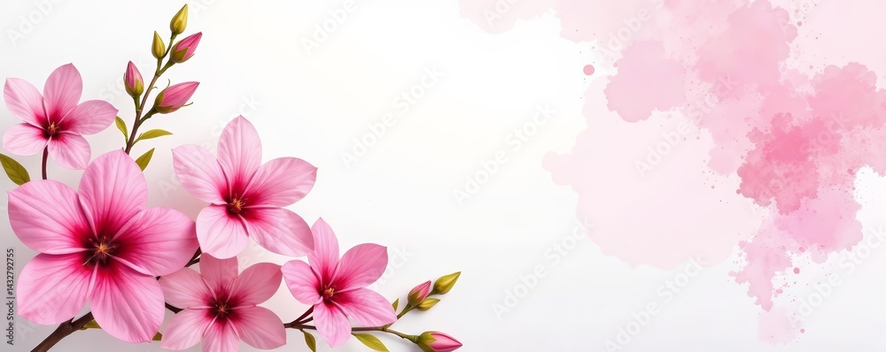 Fototapeta premium Closeup of watercolor painting pink flowers on white paper, closeup, painting