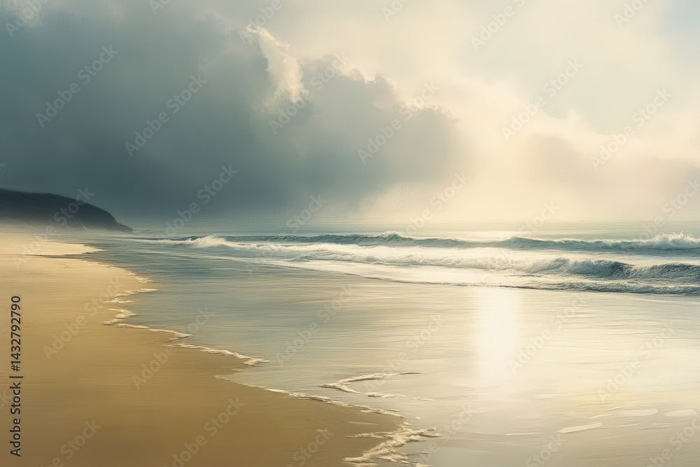 Fototapeta premium Tranquil coastal scene at dawn with dramatic skies.
