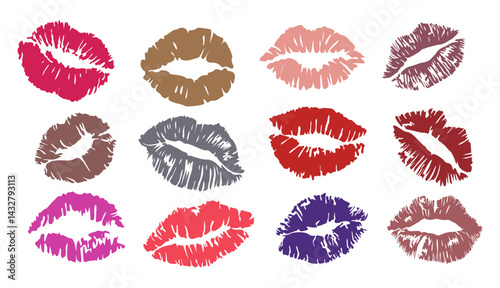 Set of Lipstick kiss prints. Red, pink, purple, wine, magenta lips. Different shapes female sexy lips. Lips makeup. Female mouth. Imprint of lips kiss illustrations isolated on transparent background.