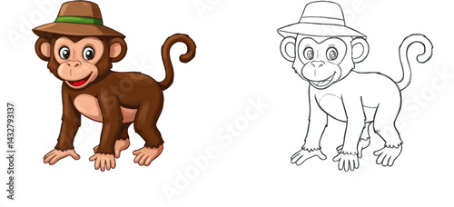 Curious Monkey in Hat: A charming, playful monkey adorned with a stylish hat, exuding an aura of adventure and exploration. A delightful image.