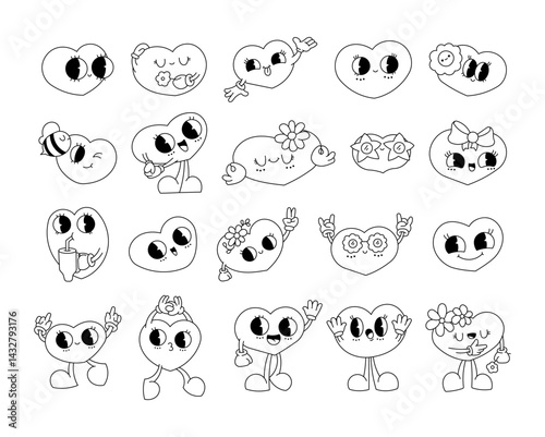 Groovy retro heart cartoon characters for valentine cards with flowers, glasses, bows, emotions, smiles, coffee, dancing, gestures and love
