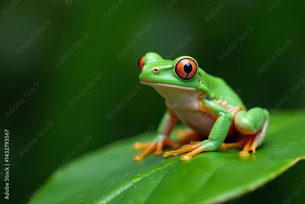 Naklejka premium Close-up of white lipped tree frog sitting on green leaf in natural habitat, tropical, amphibian