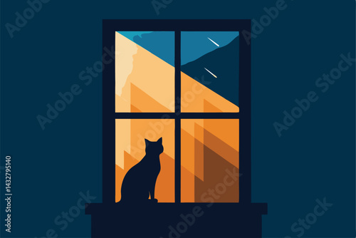 cat watching rain through cottage window .eps
