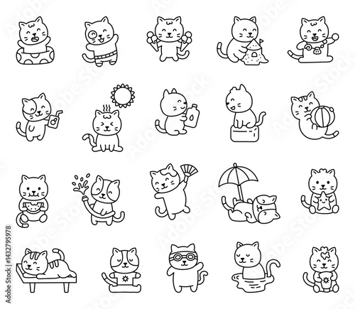 Cats on the beach in kawaii cartoon style with summer activities swimming relaxing sunbathing eating drinking and playing games