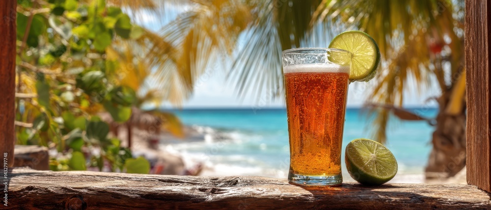 Refreshing beer with lime on weathered wood overlooking tropical beach paradise vacation getaway summer drink under palm trees