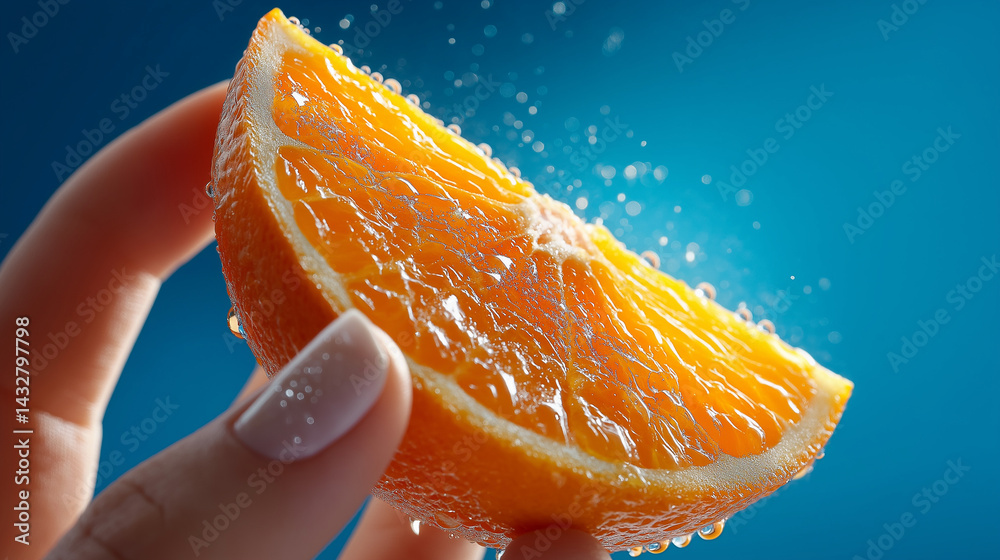Nahaufnahme einer saftigen Orangenscheibe mit Wassertropfen vor blauem Hintergrund