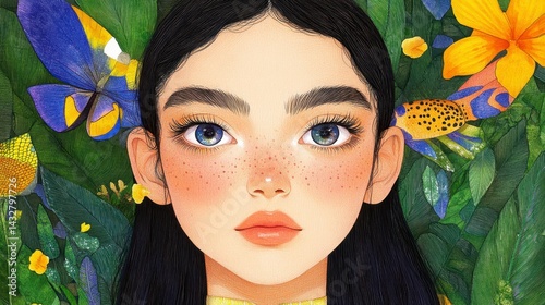 Vibrant Portrait of a Young Woman Amidst Tropical Flowers and Fish