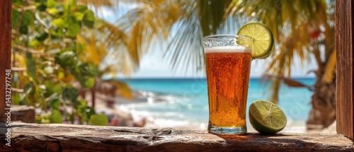 Obraz na płótnie Refreshing beer with lime on weathered wood overlooking tropical beach paradise vacation getaway summer drink under palm trees w salonie