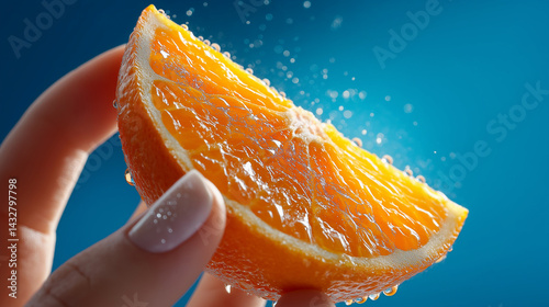 Obraz na płótnie Nahaufnahme einer saftigen Orangenscheibe mit Wassertropfen vor blauem Hintergrund w salonie