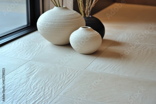 Elegant cream colored flooring with decorative vases. photo