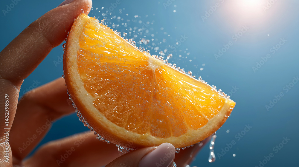 Nahaufnahme einer saftigen Orangenscheibe mit Wassertropfen vor blauem Hintergrund
