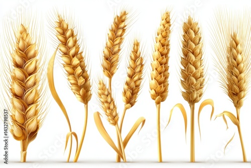Captivating wheat stalks in golden hues against a pristine white backdrop showcasing natural grain elegance and agricultural abundance in a minimalist composition