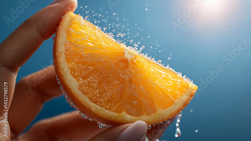 Obraz na płótnie Nahaufnahme einer saftigen Orangenscheibe mit Wassertropfen vor blauem Hintergrund w salonie