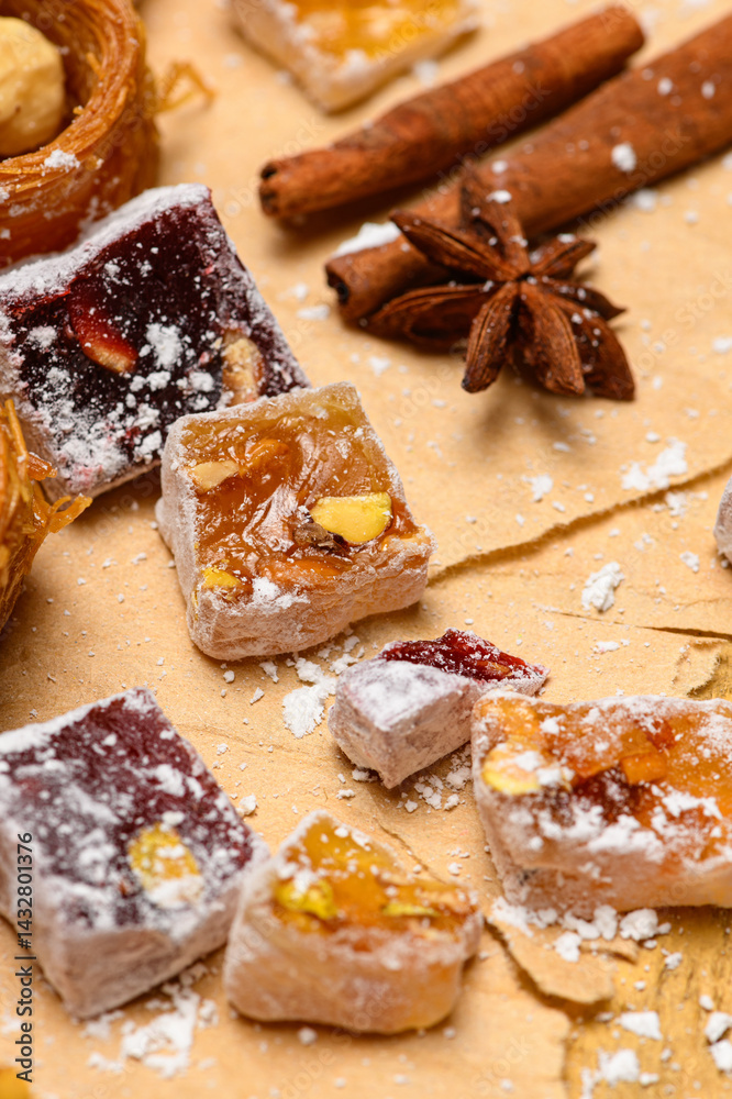 Sweet food Turkish delight on wooden background, assorted locum and candy for decorated backdrop